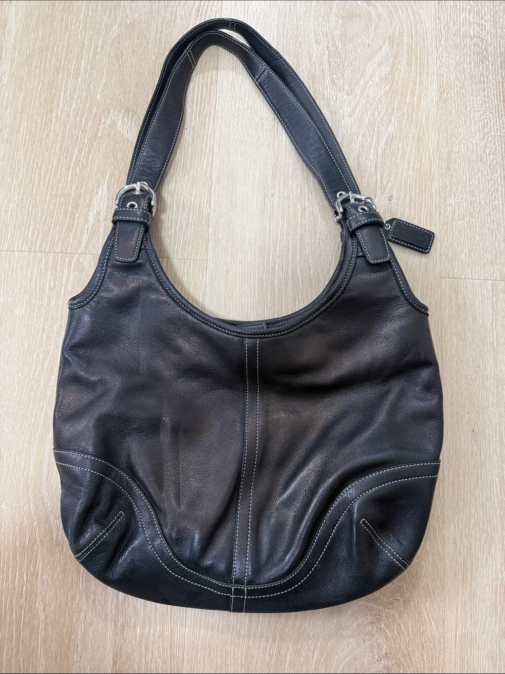 Coach Vintage Black Leather Shoulder Bag with White Stitching
